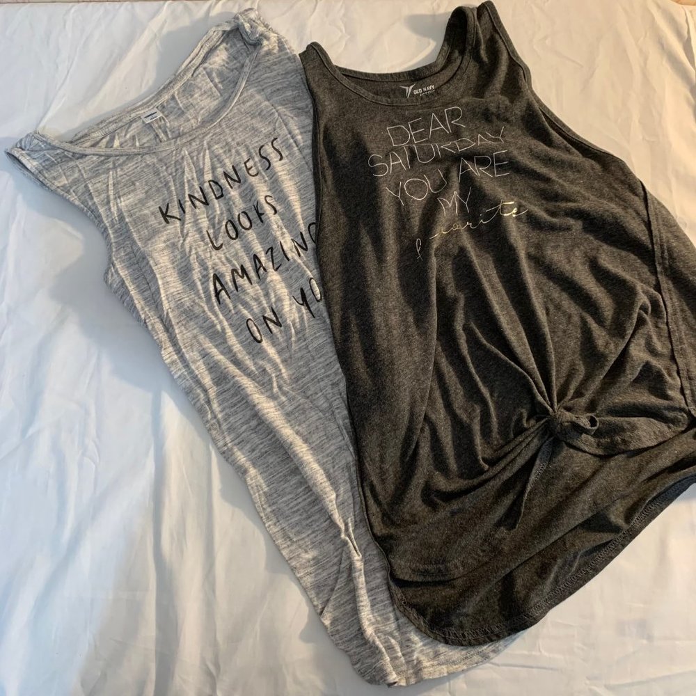 Two Old Navy Gray Tank Tops with Sayings Sizes S/M